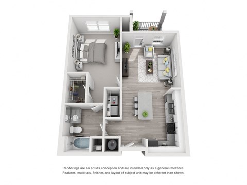 Floor plan for 1 bed, 1 bath, 833 sqft